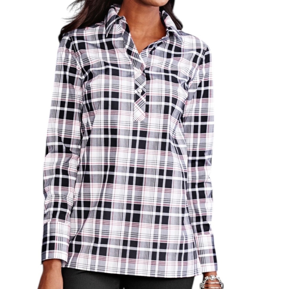 Talbots Plaid Long Sleeve‎ 1/2 Button Popover Blouse Top Sz 10 Wrinkle Resistant